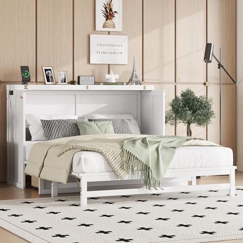 KEIKI Queen Size Cabinet Murphy Bed with Charging Station and Drawer, Multiple Storage Foldable Hideaway Wall Murphy Bed Frame with Solid Slat