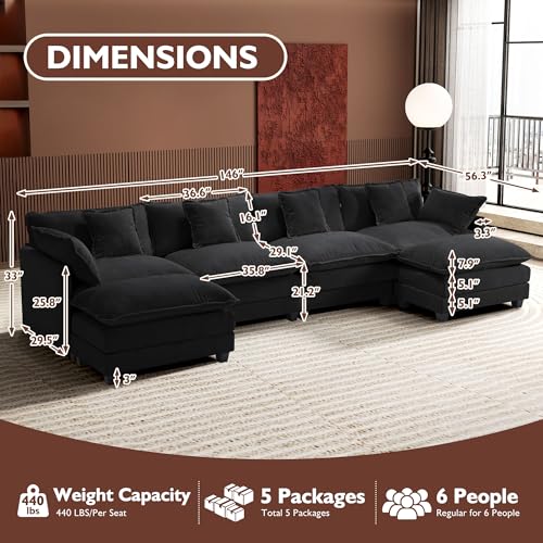 Ihanherry 111.4" U Shaped Modern Cloud Sofa Modular Sectional Couch with 2 Ottoman, 5-Seat Chenille Deep Seat Sofa with Pillow for Living Room