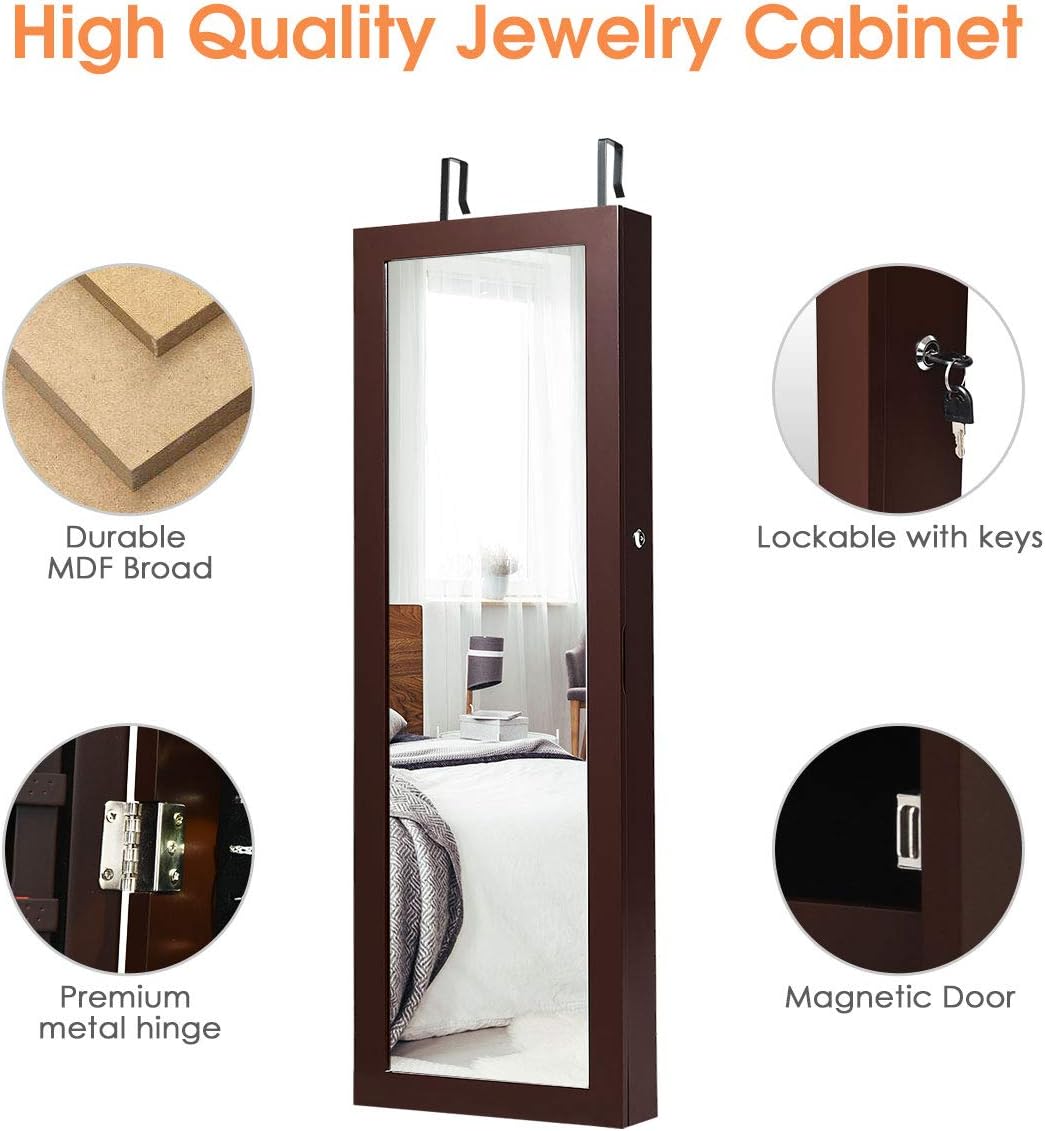 Giantex Jewelry Armoire Wall Door Mounted, Lockable Jewelry Cabinet with 42.5'' Full Length Mirror, 2 LEDs Jewelry Organizer Box with 2 Drawers
