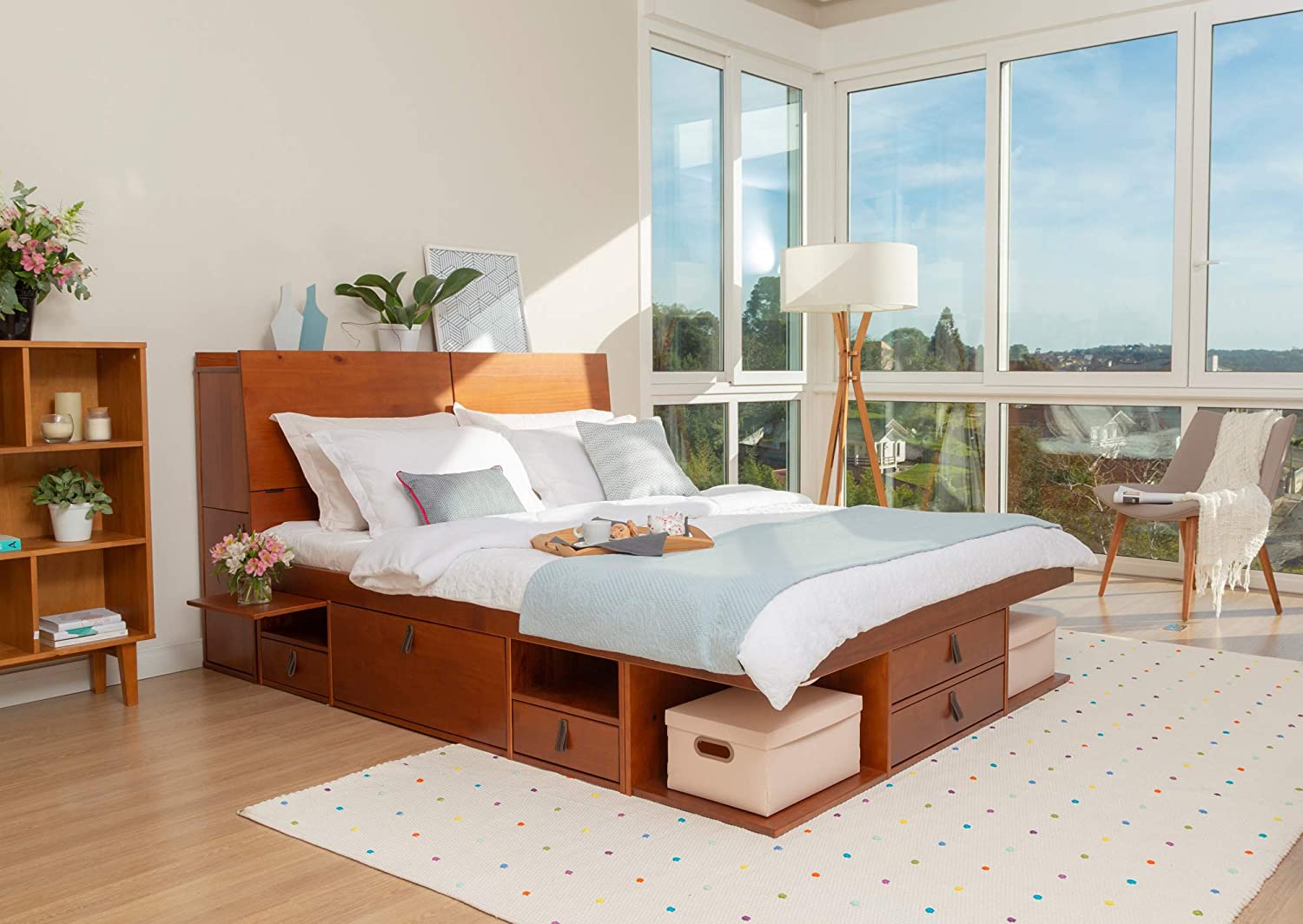 Memomad Set Bali White: Storage Bed Super King 6FT (180x200 cm) + Headboard 205 + Slatted Frame. Sturdy double bed frame and headboard with drawers
