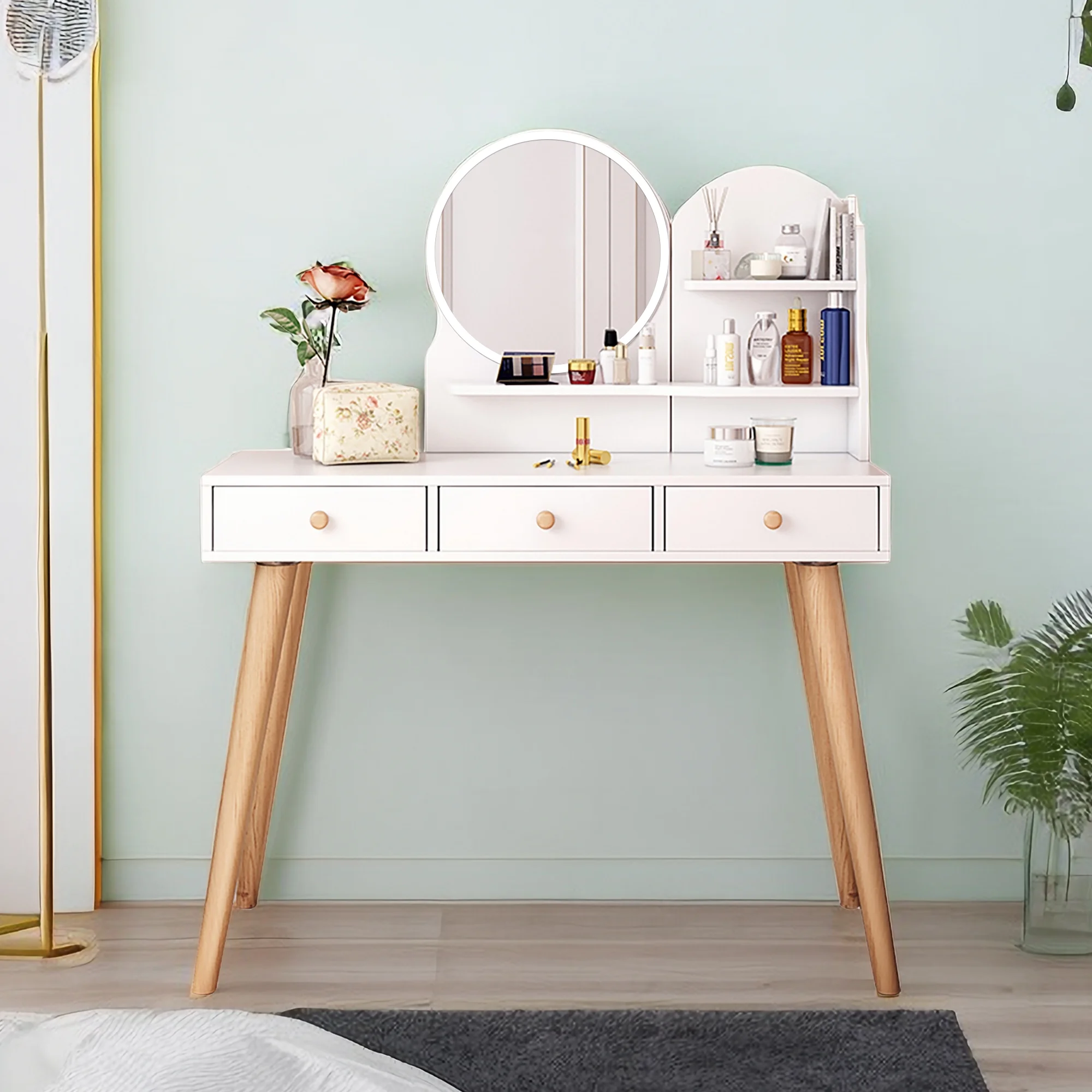 HSUNNS Vanity Desk with Lighted Mirror, 3 Drawers Makeup Dressing Desk with Storage Shelves
