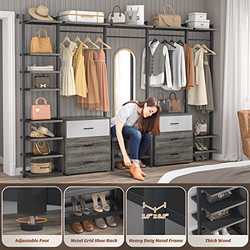 Aheaplus Clothing Rack Heavy Duty Closet Organizer for Hanging Clothes, Large Wall Mounted Garment Rack Clothes Rack with 6-Drawers for Wardrobe