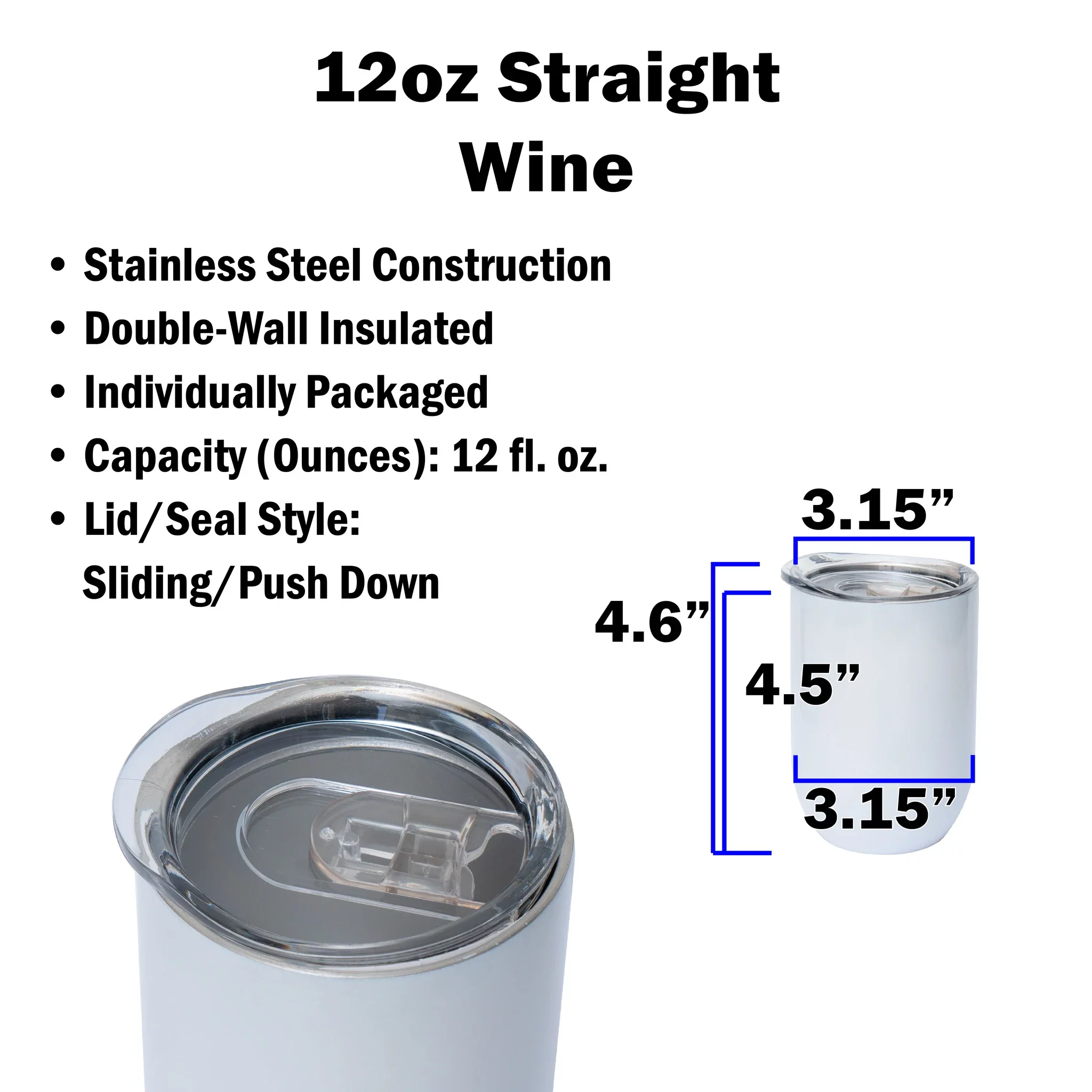 Makerflo 12oz Stright Wine Sublimation Blank Stainless Steel Insulated Travel Tumbler with Splash Proof Lid , for Tea, Wine, Water, Hot Cold Drink