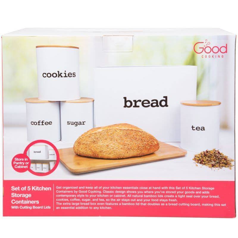 Bread Box (extra Large) and 5 Piece Kitchen Canister Set W Bread Cutting Board- Deluxe Food Storage Containers with Air Tight Ba