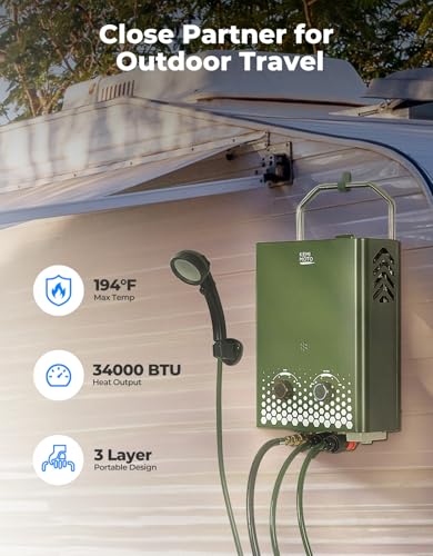 KEMIMOTO propane tankless water heater outdoor，1.32Gpm 34000 BTU Camping Portable Water Heater，Easy Installation