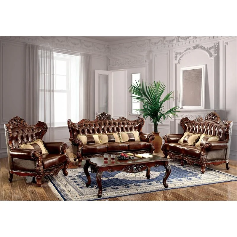 Pemberly Row Modern Top Grain Leather Tufted Sofa in Dark Oak