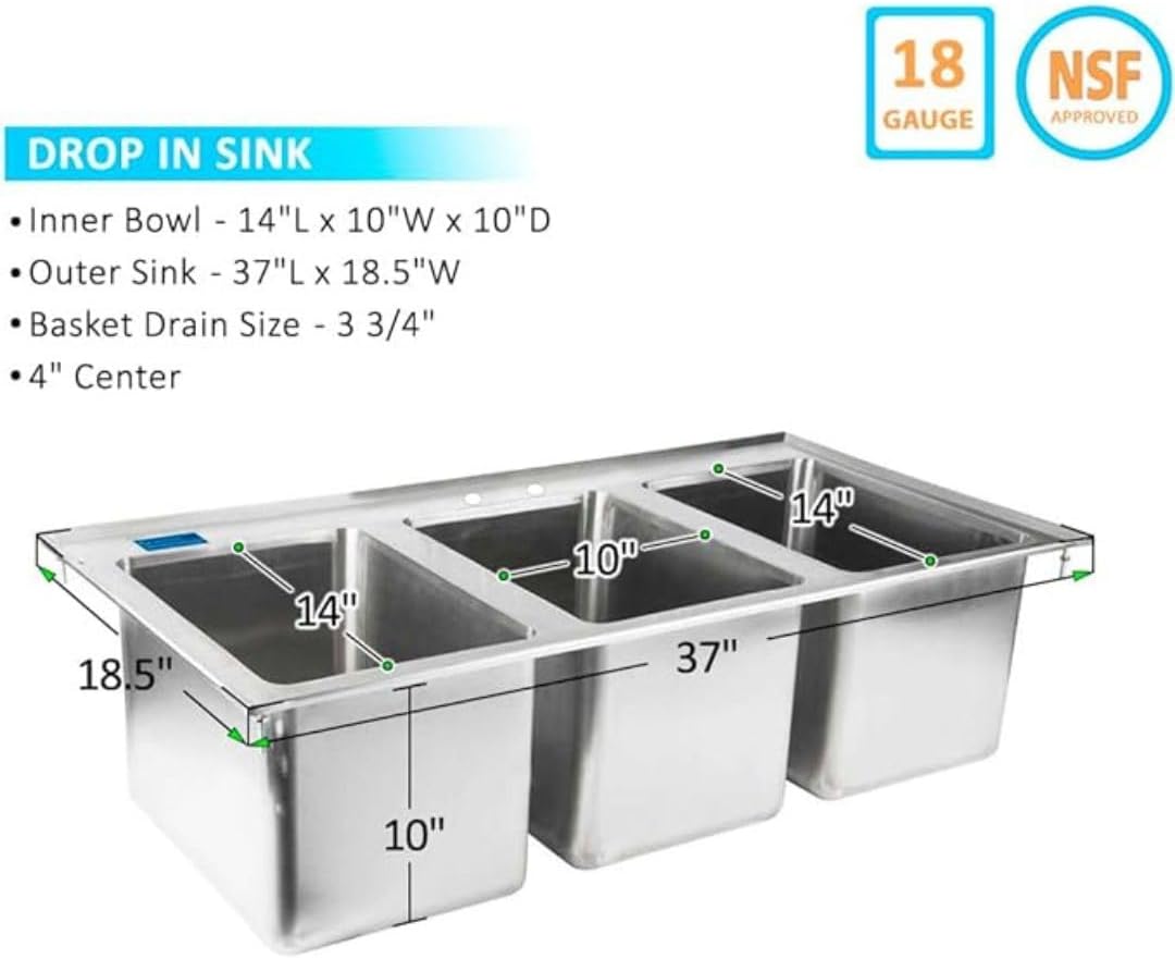 Stainless Steel Drop Sink - 3 Compartment Drop in Sink 10"x14"x10" No Faucet | NSF Certified
