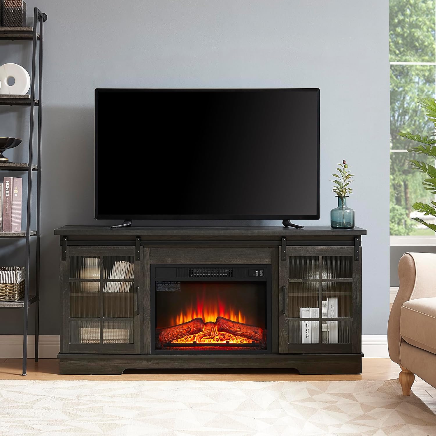 Electricity Fireplace TV Stand for 65 Inch TV,Farmhouse Entertainment Center with 23" Fireplace and LED Lights