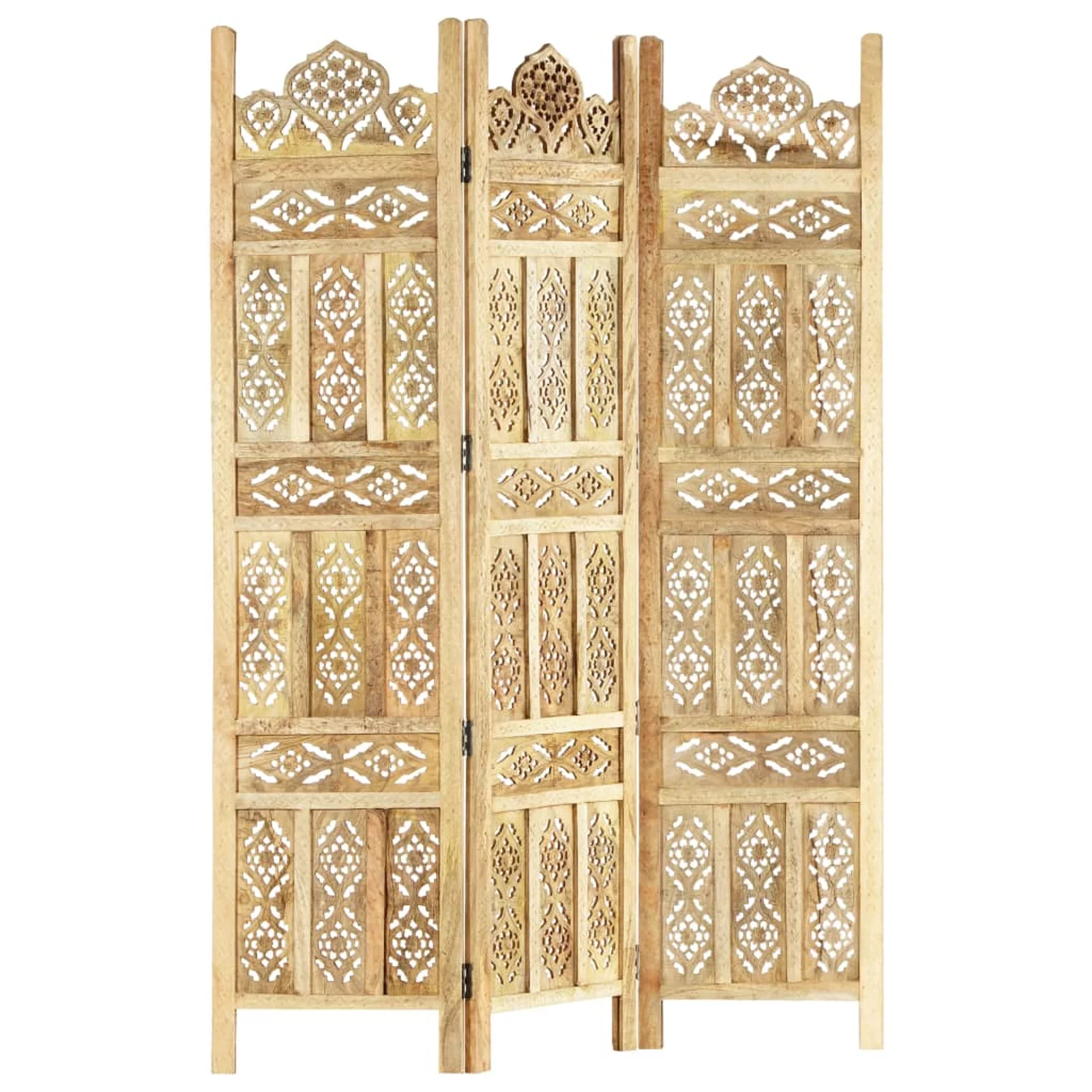 moobody Hand Carved 3-Panel Room Divider Freestanding Room Partition Panel Folding Screen Mango Wood for Bedroom, Bathroom, Living Room, Dining Room