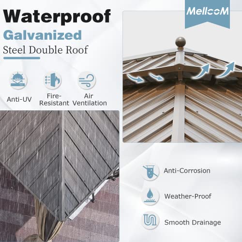 MELLCOM 10'x13' Hardtop Gazebo with Polycarbonate Double Roof, Aluminum Frame Outdoor Gazebo Permanent Pavilion with Curtains and Netting for Patio