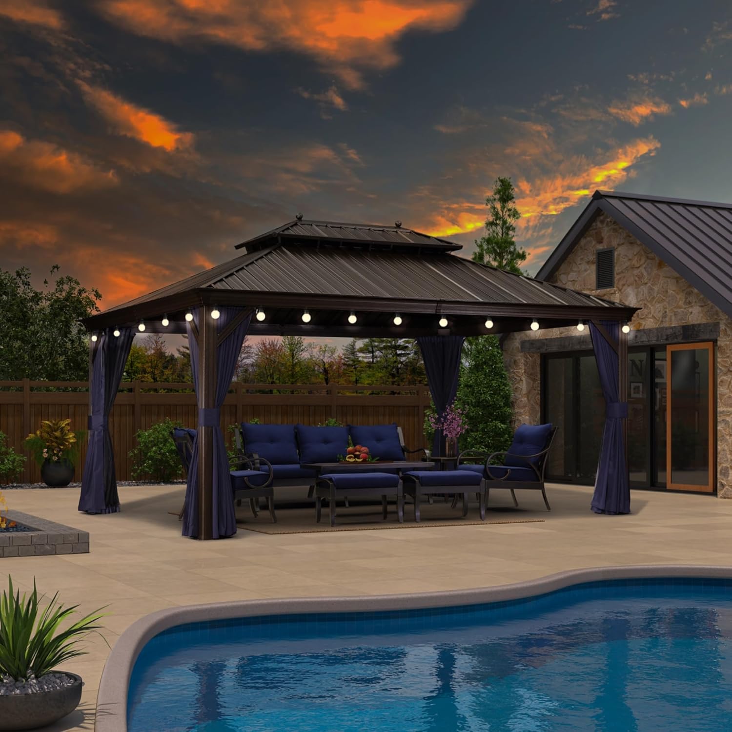 PURPLE LEAF 12' X 16' Permanent Hardtop Gazebo for Patio with Netting and Curtains Deck Backyard Heavy Duty Sunshade Metal Roof All Weather Outdoor