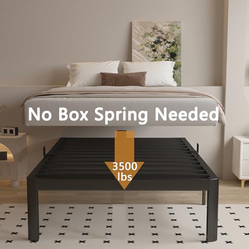 Full Size Bed Frame 16 Inch Black, Metal Platform Full Bed Frame with Baffles, No Box Spring Needed, Heavy Duty Steel Supprt, Rounded Corner Design