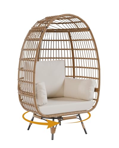 Oversize Wicker Egg Chair with 4 Comfy Cushions, Big Egg Shaped Lounger with Ottoman, Rattan Reading Chairs for Indoor Outdoor Patio Porch Backyard