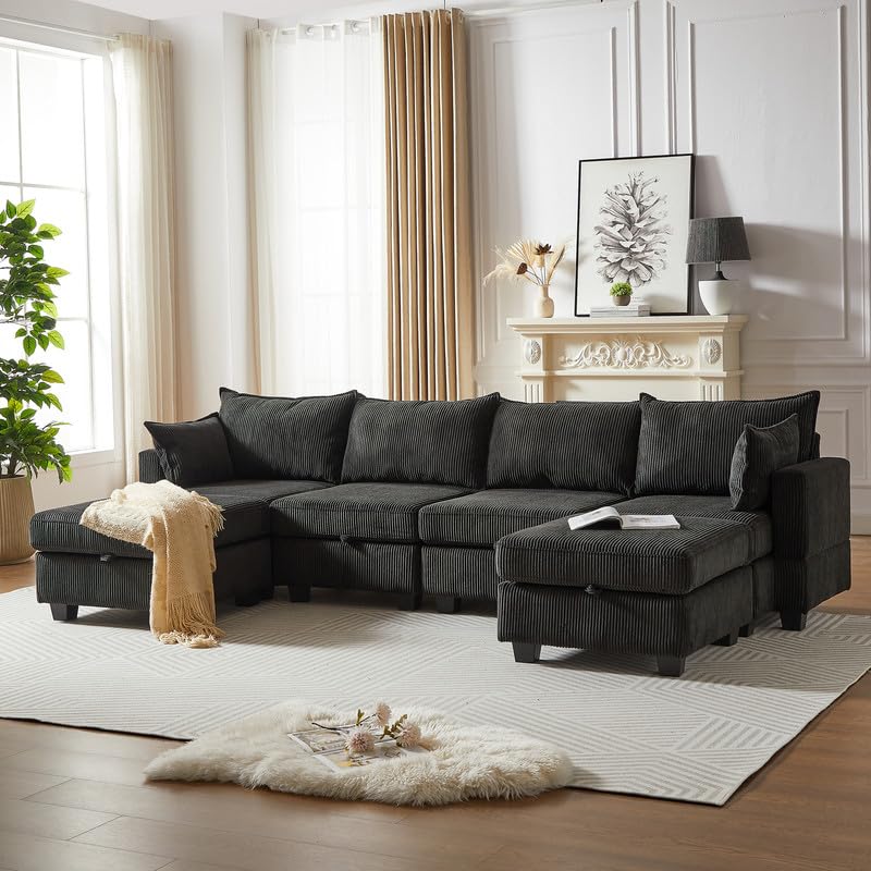 U Shaped Modular Sectional Sofa Couch, Corner Sofa with 4pcs Waist Pillows, Chaise Lounge, Terrycloth Fabric Sofa