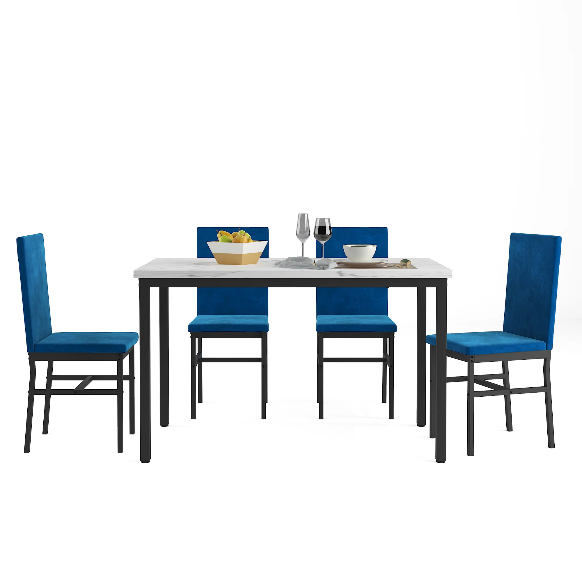 Modern Dining Set for 4, 5-Piece Dining Table and Chairs Set, 1 Table with White Marble Top, 4 Blue Velvet Chairs for Kitchen Dining Room Living Room