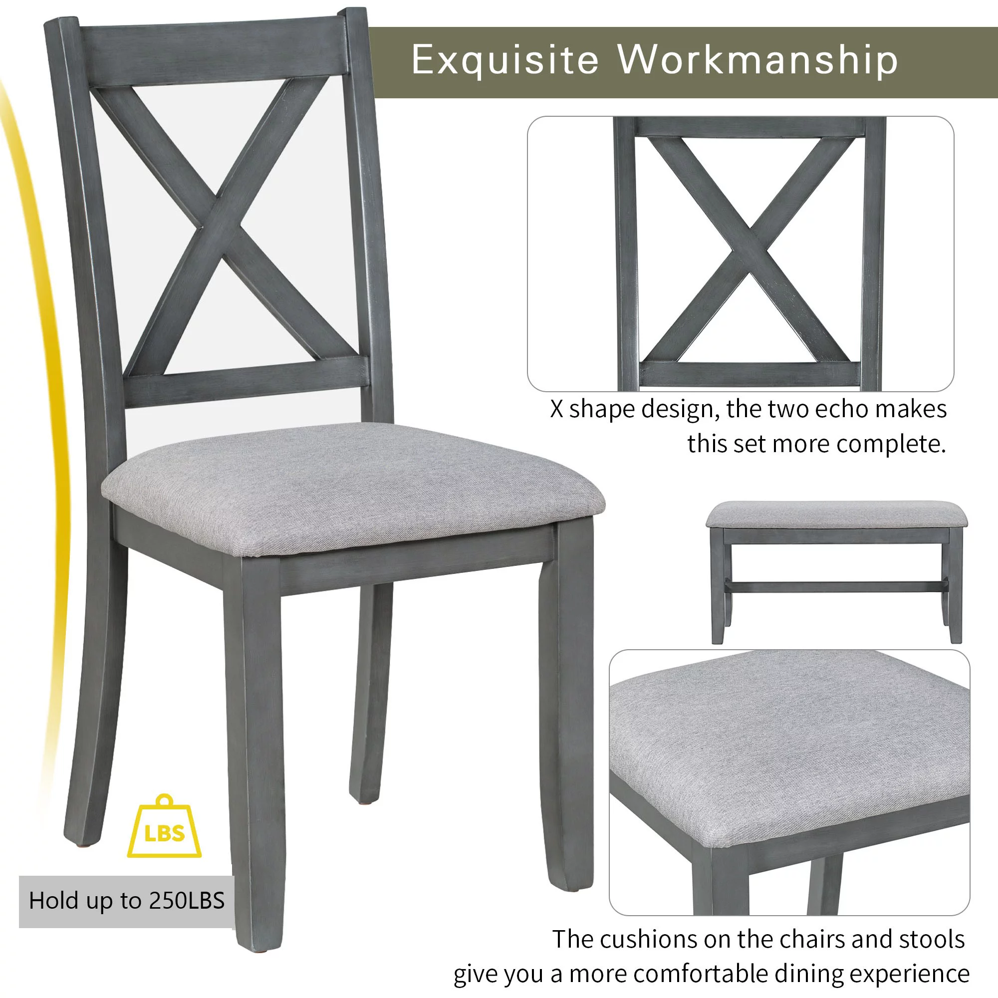 CoSoTower 6-Piece Family Dining Room Set Solid Wood Space Saving Foldable Table and 4 Chairs with Bench for Dining Room, Gray