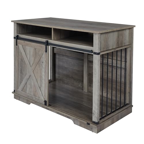 Aoowow Large Double Dog Crate Furniture 72.4" Indoor Dog Kennel with Sliding Barn Door and Divider