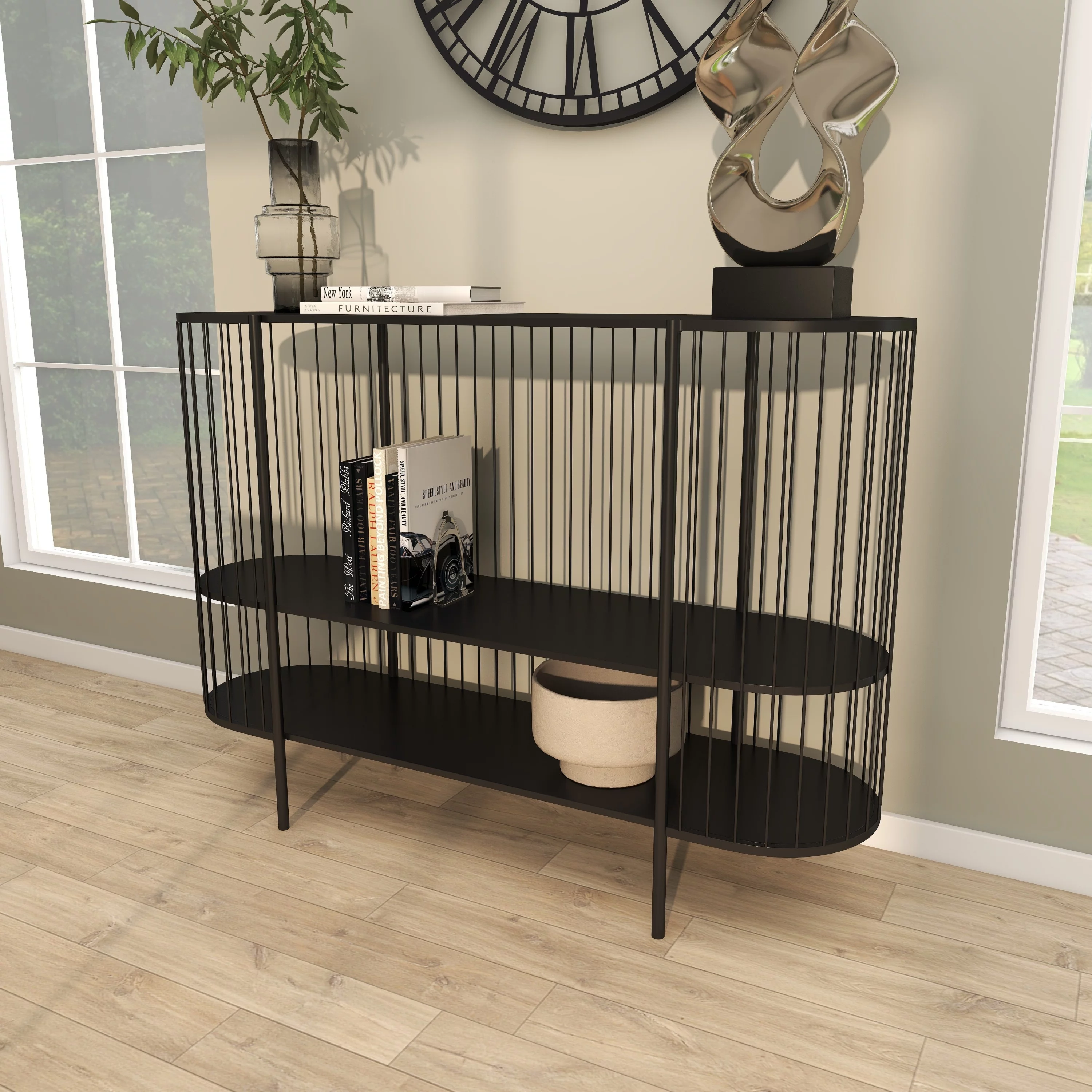 DecMode 48" x 34" Black Metal Narrow Open Wire Frame 2 Shelf Console Table, 1-Piece
