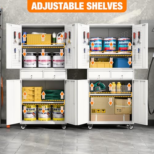 Metal Storage Cabinet with Wheels, 73" H Rolling Garage Cabinets with Locking Doors and Adjustable Shelves for Home Office, Basement, Pantry, Workshop
