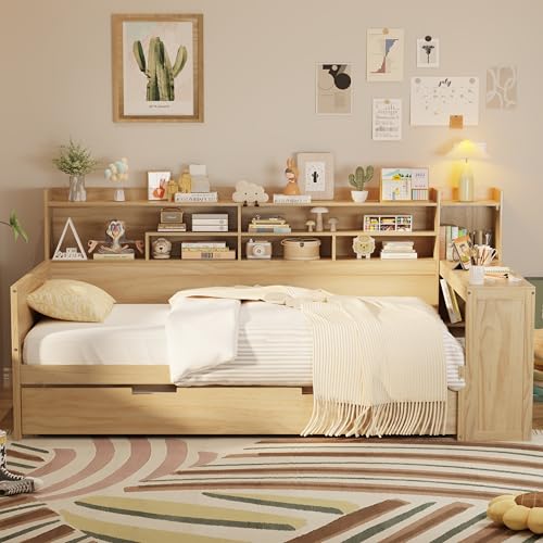 Corner Twin Bed Frame with Bookcase Storage and Desk, Wood Day Beds with 2 Drawers, Twin Size Daybed with Storage for Living Room