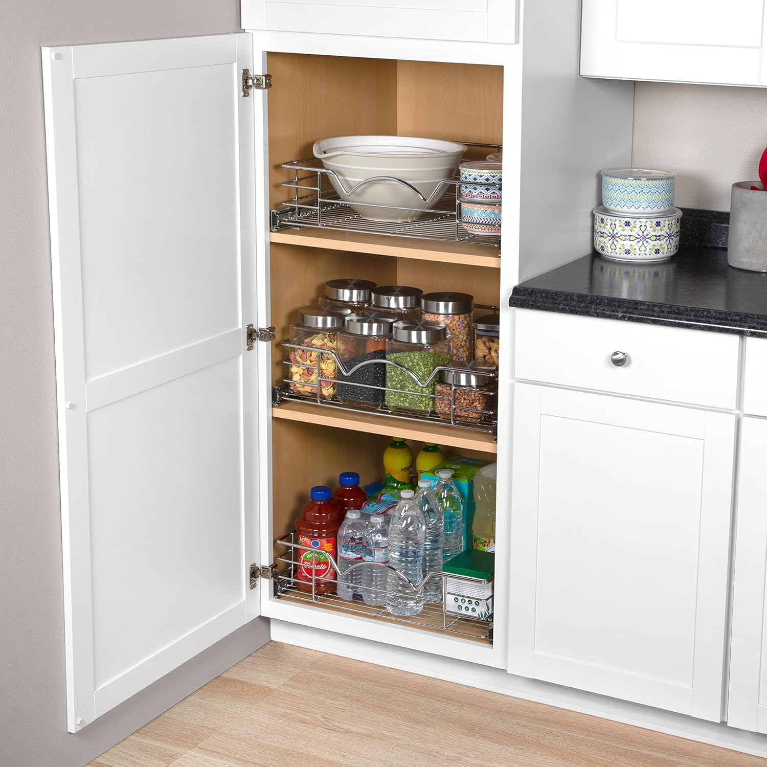 Heavy Duty Pantry Pull Out Cabinet Organizer Basket 5” High –5 Year Limited Warranty- Slide Out Drawer Shelf for Pots, Pans, Cans, jars, Canisters