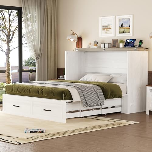 Queen Size Murphy Bed Cabinet with Charging Station, Farmhouse Murphy Bed with Large Storage Drawer, Foldable Wall Beds for Home Office, Small Room