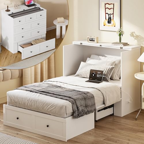 Queen Murphy Bed with Storage & Charging Station, Murphy Cabinet with Foldable Panel, Noisy Free, for Guest Bedroom, Living Room, Office