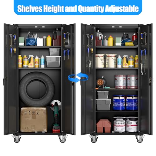 Metal Storage Cabinet with Wheels, 73" H Rolling Garage Cabinets with Locking Doors and Adjustable Shelves for Home Office, Basement, Pantry, Workshop