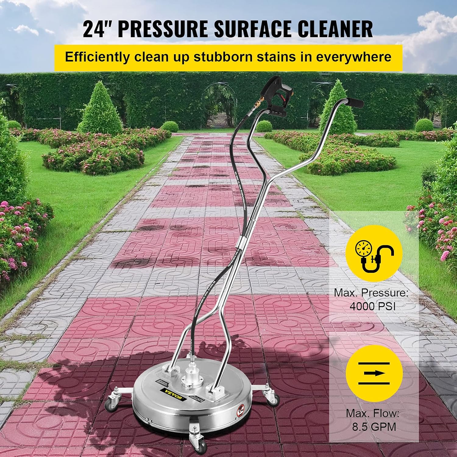 VEVOR 24" Surface Cleaner, 4000PSI Max. Pressure Flat Surface Cleaner, Stainless Steel Rotating Surface Cleaner