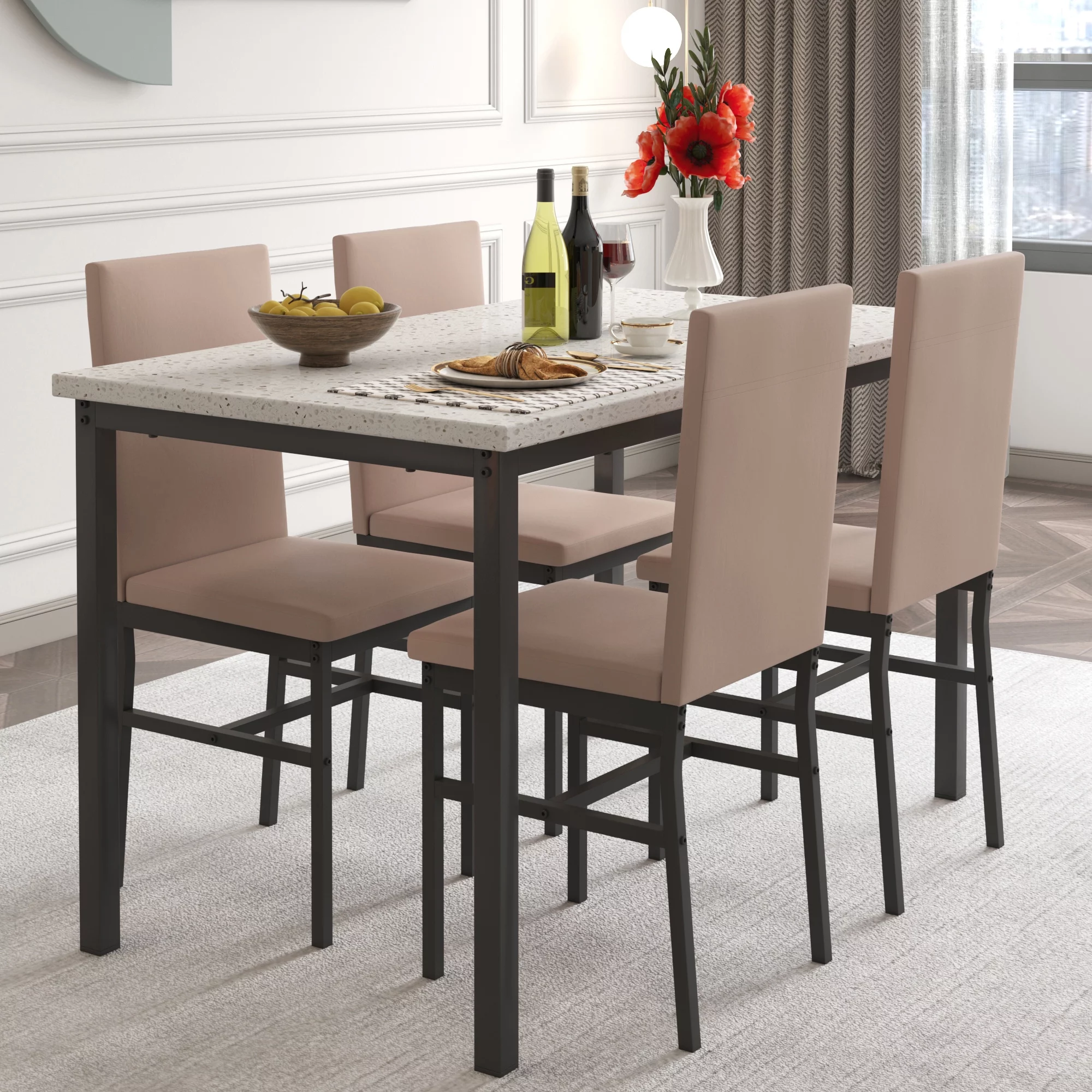 5 Piece Kitchen Dining Table Set, Marble Top Dining Set for 4 with Faux Leather Chair, Elegant Dining Room Set, Space Saving Table and Chairs