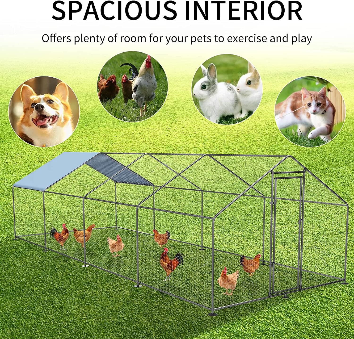 Petony Chicken Coop Outdoor Walk-in Poultry Cage Large Metal Pen Hen Run House Spire Shaped Cage with Waterproof Anti-Ultraviolet Cover