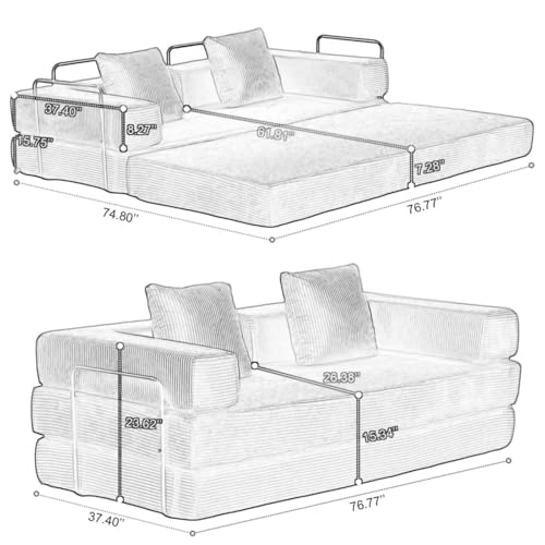Compression Floor Sofa Bed, Convertible Foldable Sofa with Support Backrest and Armrest, Corduroy Fabric Modular Sectional Couch with 2 Pillows