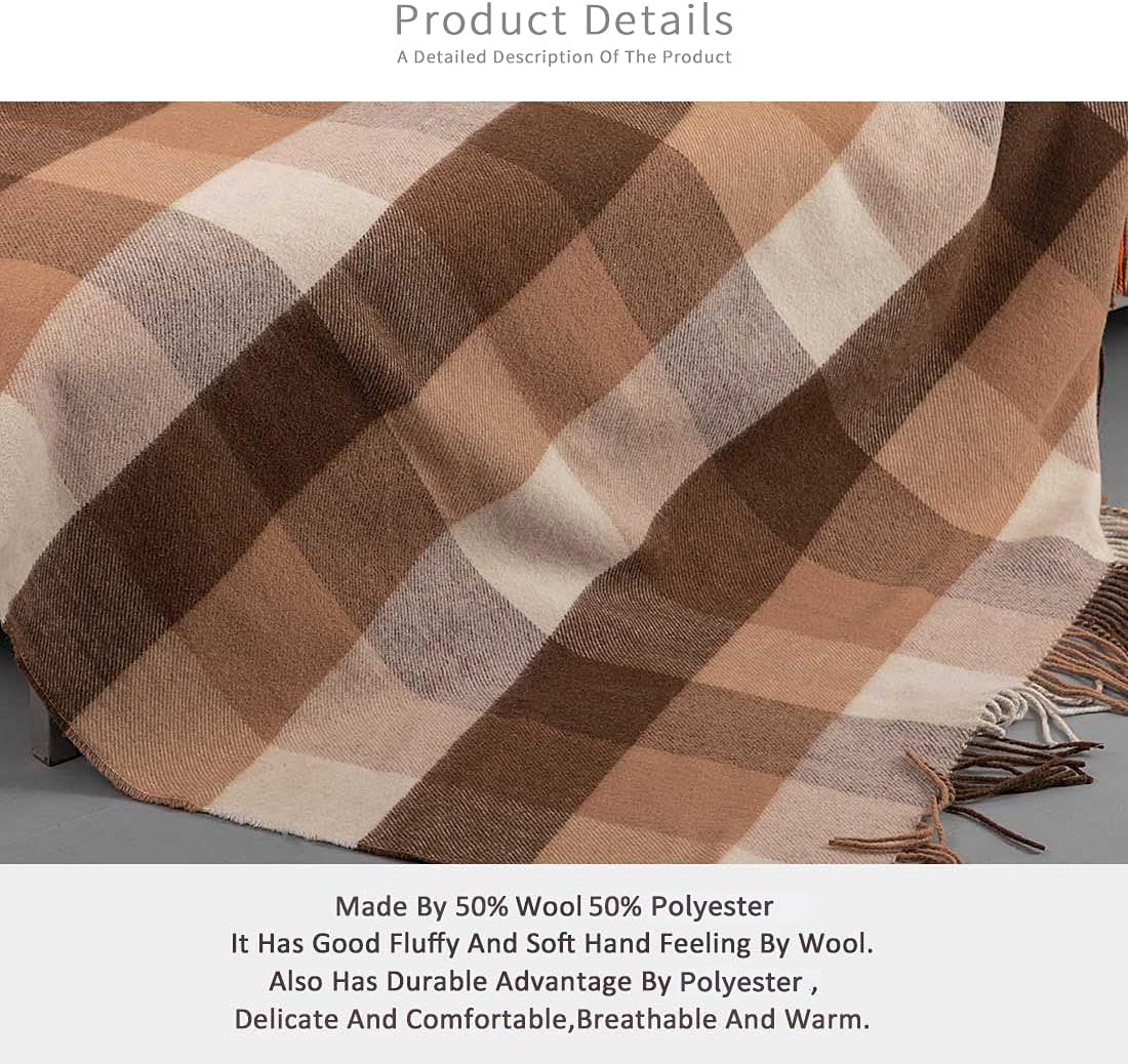 Farridoro Wool Throw Blankets 51Inches with 67Inches Decorative Fringe All Season Use Throw Blankets for Bed Sofa Couch Camping Chair Outdoor
