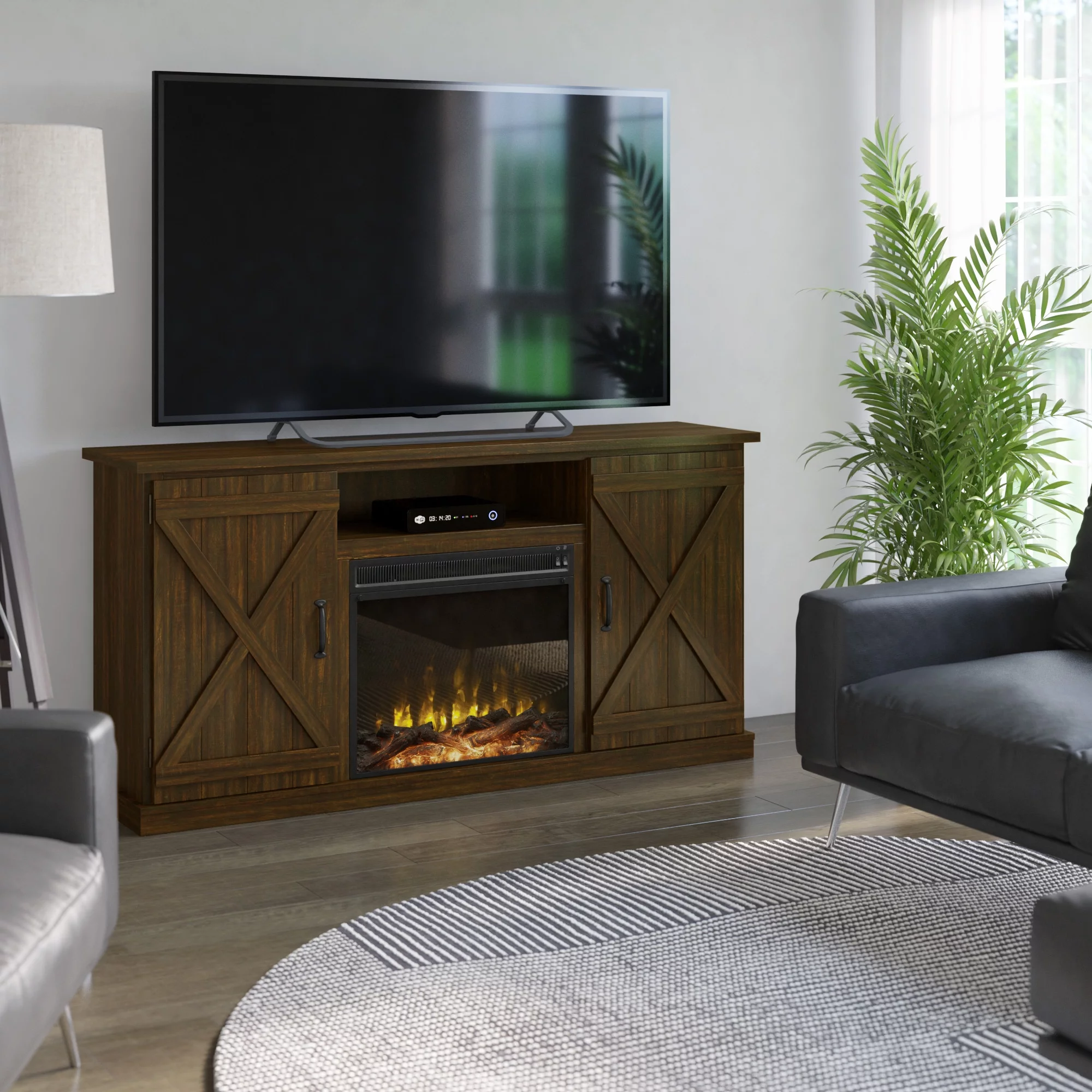 Twin Star Home Barn Door TV Stand for TVs up to 70 inches with ClassicFlame Electric Fireplace. Sawcut Espresso