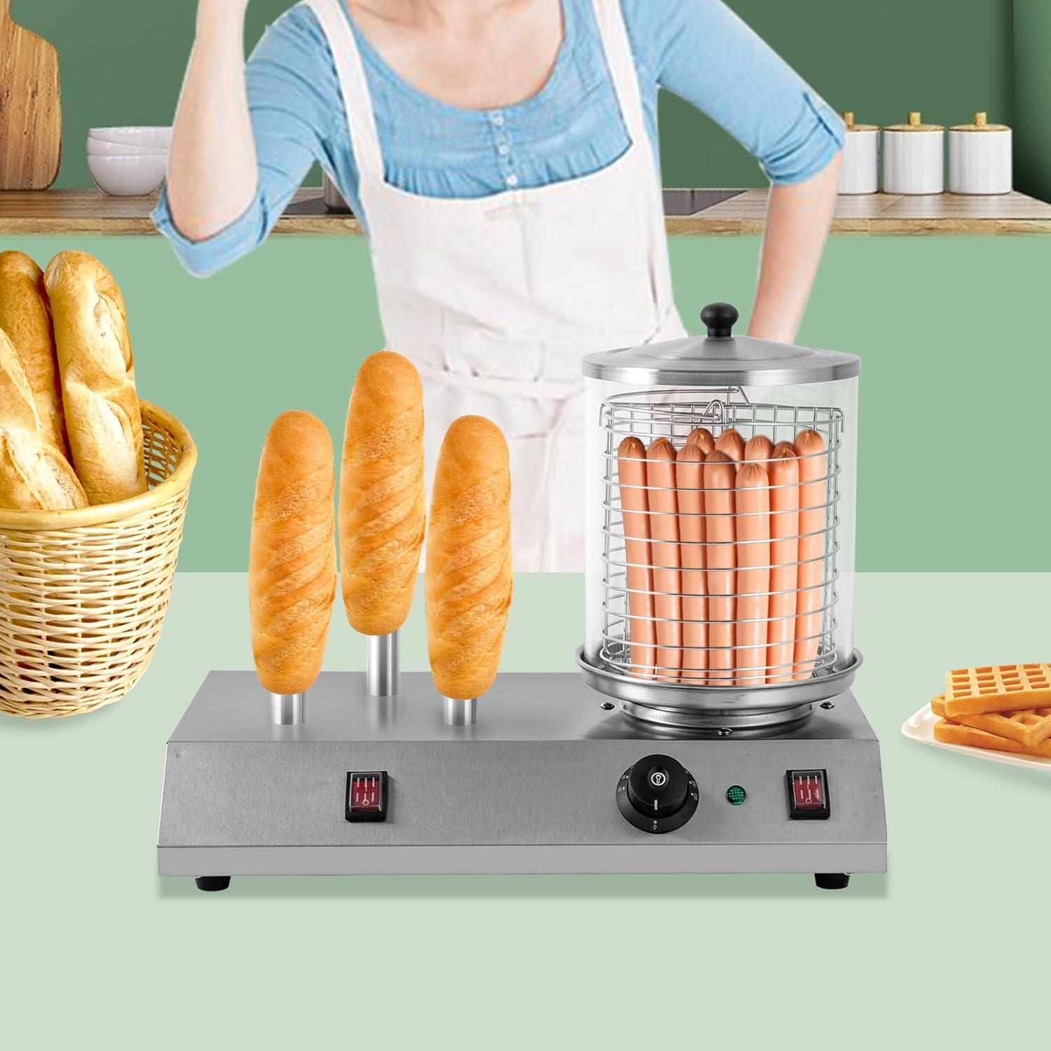 Electric Hot Dog Steamer & Bun Warmer Steamer Stainless Steel Portable Commercial Hot Dog Machine with Bun Warmer for Hot Dogs Sausages 86-230℉
