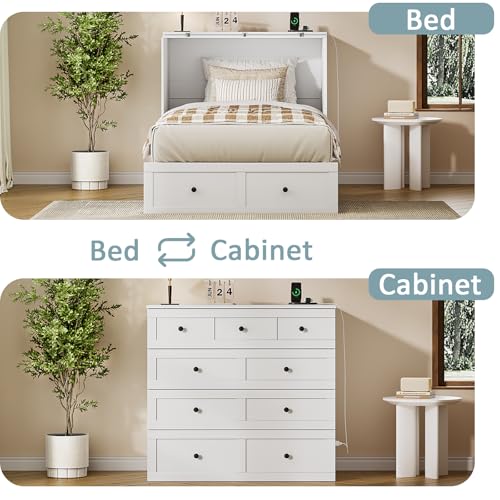 Queen Murphy Bed with Storage & Charging Station, Murphy Cabinet with Foldable Panel, Noisy Free, for Guest Bedroom, Living Room, Office