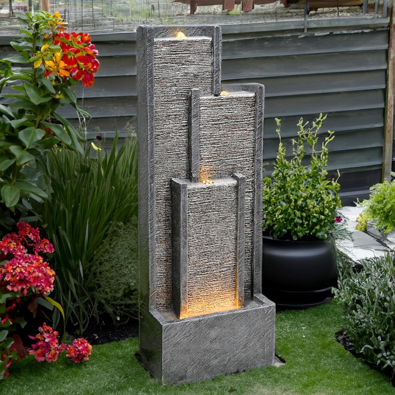 Water Fall Fountains Indoor Outdoor - 39.3” Inches Tall Indoor Waterfall Fountain Outdoor Modern Waterfall Fountains with LED Lights for Garden