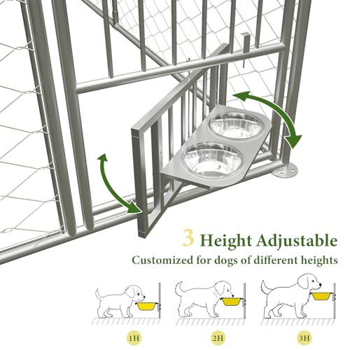 10X10FT Outdoor Large Dog Kennel, Heavy Duty Dog Cage for Large Dogs, Durable Dog House Enclosure with Roof and Rotating Feeder Bowls