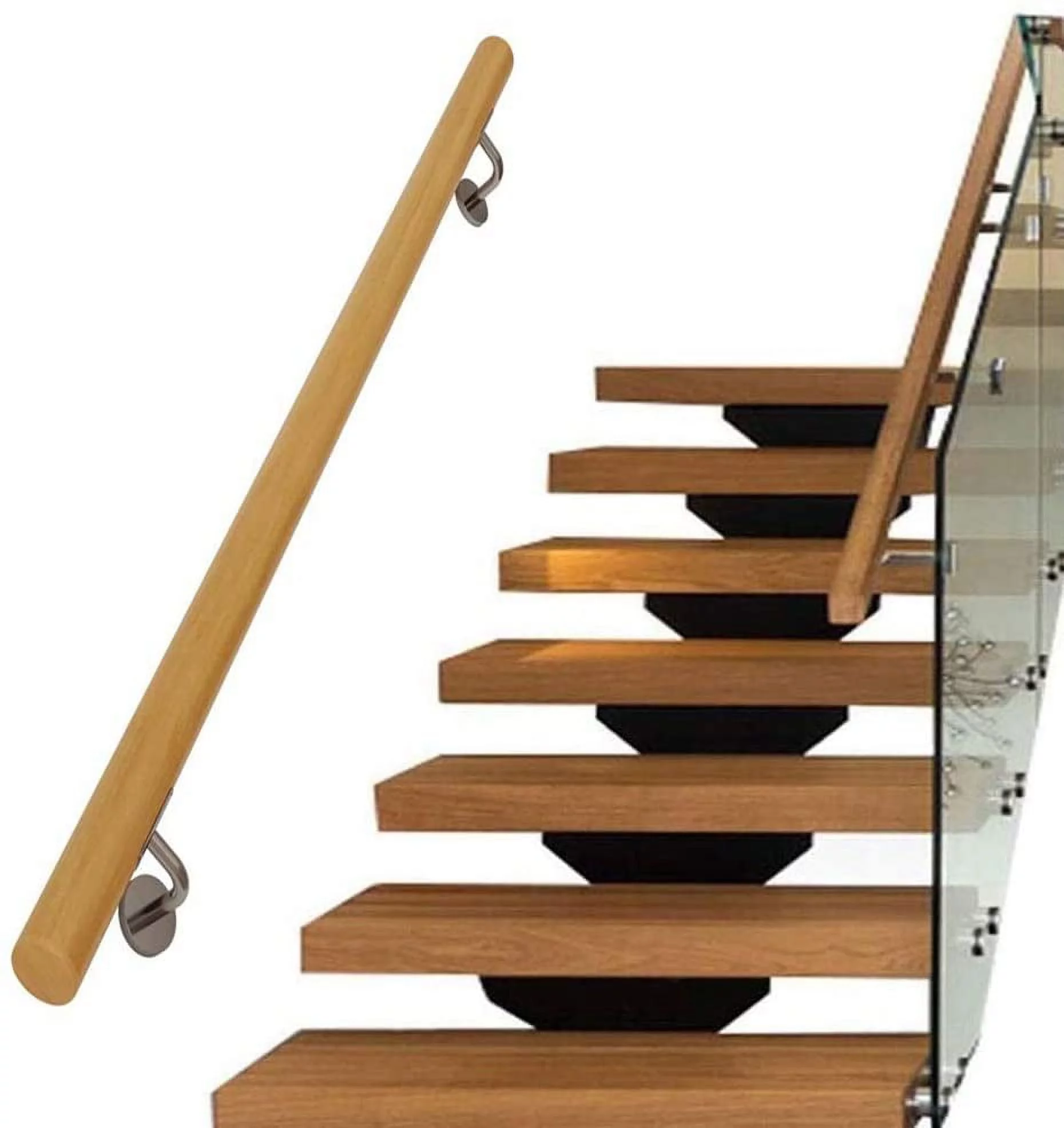 Stair Handrail Wall Rails 15 FT Long, 2.0" Diameter Grab Bar Iron Bracket, Wooden Handrail Stair Rail Non Slip for Elderly