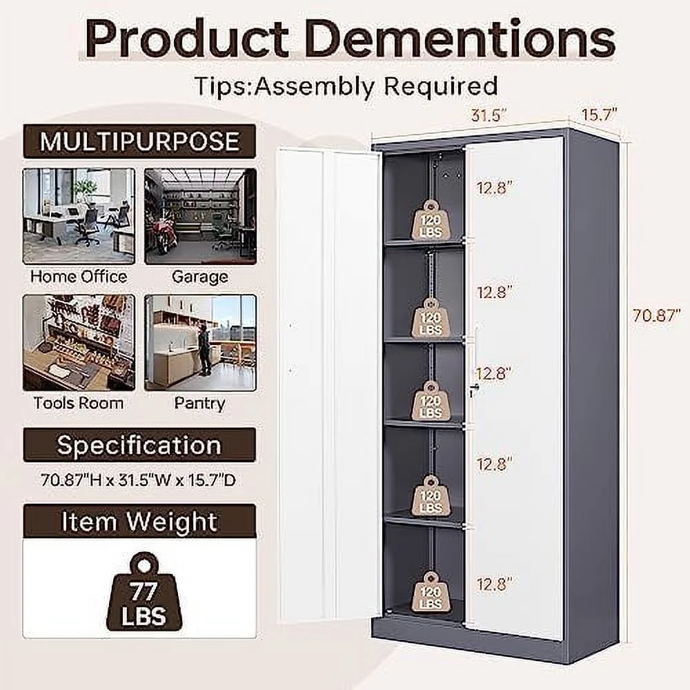 TJUNBOLIFE Metal  Cabinets with Locking Doors 71"