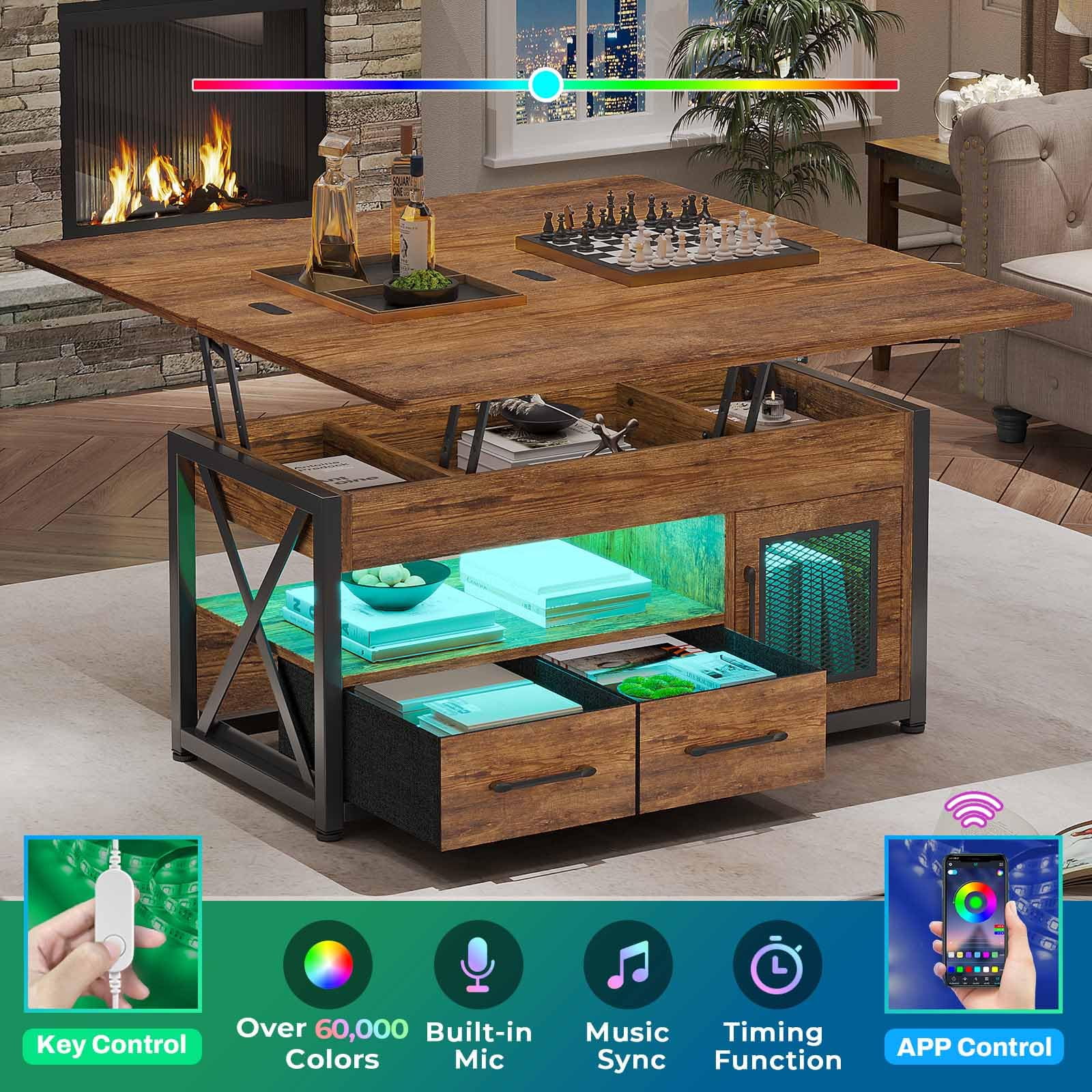 Afuhokles 40" Lift Top Coffee Table, 4 in 1 Coffee Tables with Storage Cabinet for Living Room, 2 Fabric Drawers and LED Light, Rustic Brown