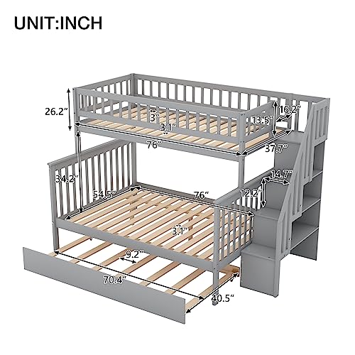 Harper & Bright Designs Bunk Beds Twin Over Full Size, Bunk Bed with Trundle,Storage Shelf and Stairway