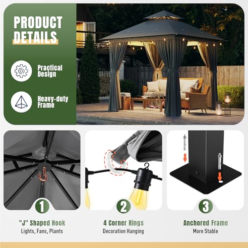 AOXUN Outdoor Gazebo for Patio 10x12, Metal Frame Canopy with Double Roofs