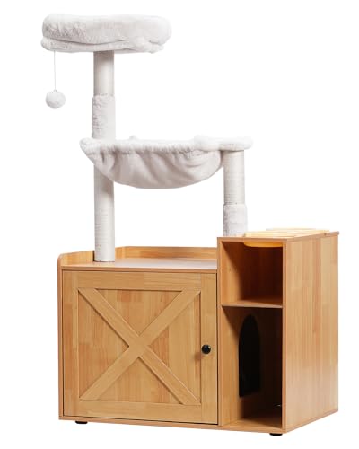 Hey-brother Cat Tree with XL Litter Box Enclosure, All-in-one Cat Tower for Indoor Cats with Large Hammock, Bed, Food Station, Scratching Posts
