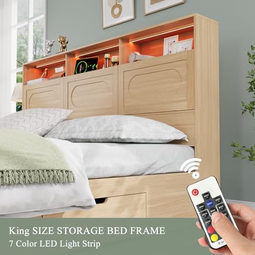 Queen Bed Frame with 47" Storage Headboard, Queen Size Wood Bed Frame with 4 Storage Drawers, Built-in Charging Station & LED, Solid Wood Slats