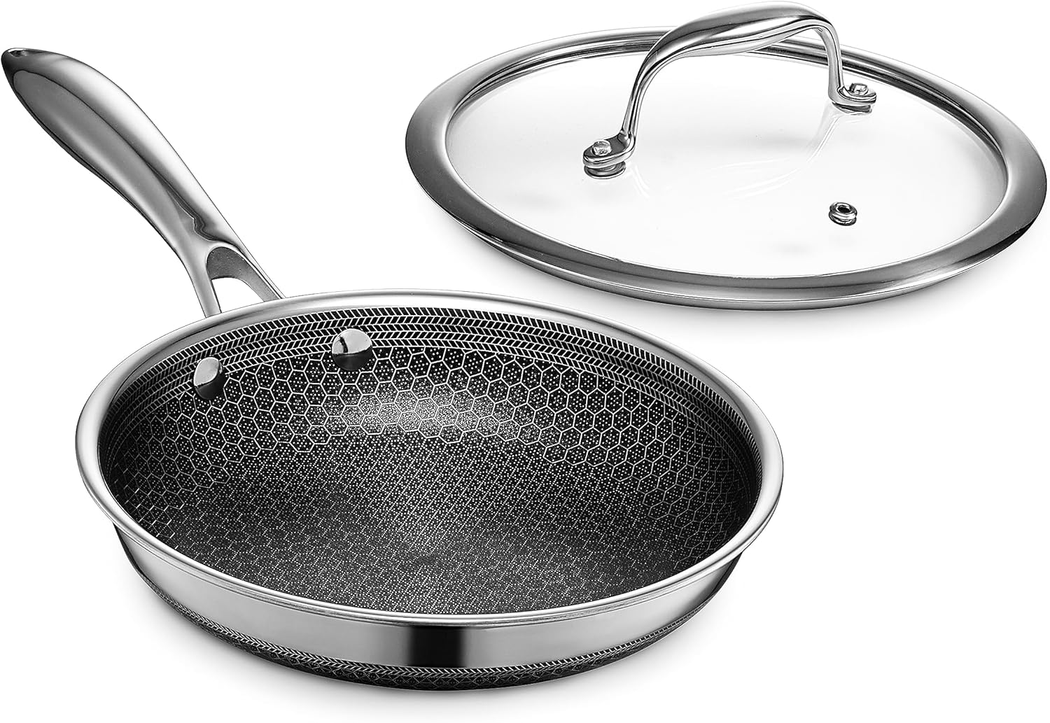 HexClad 4 Piece Hybrid Stainless Steel Cookware Set - 8 Inch Frying Pan with Lid and 12 Inch Frying Pan with Lid, Stay Cool Handle