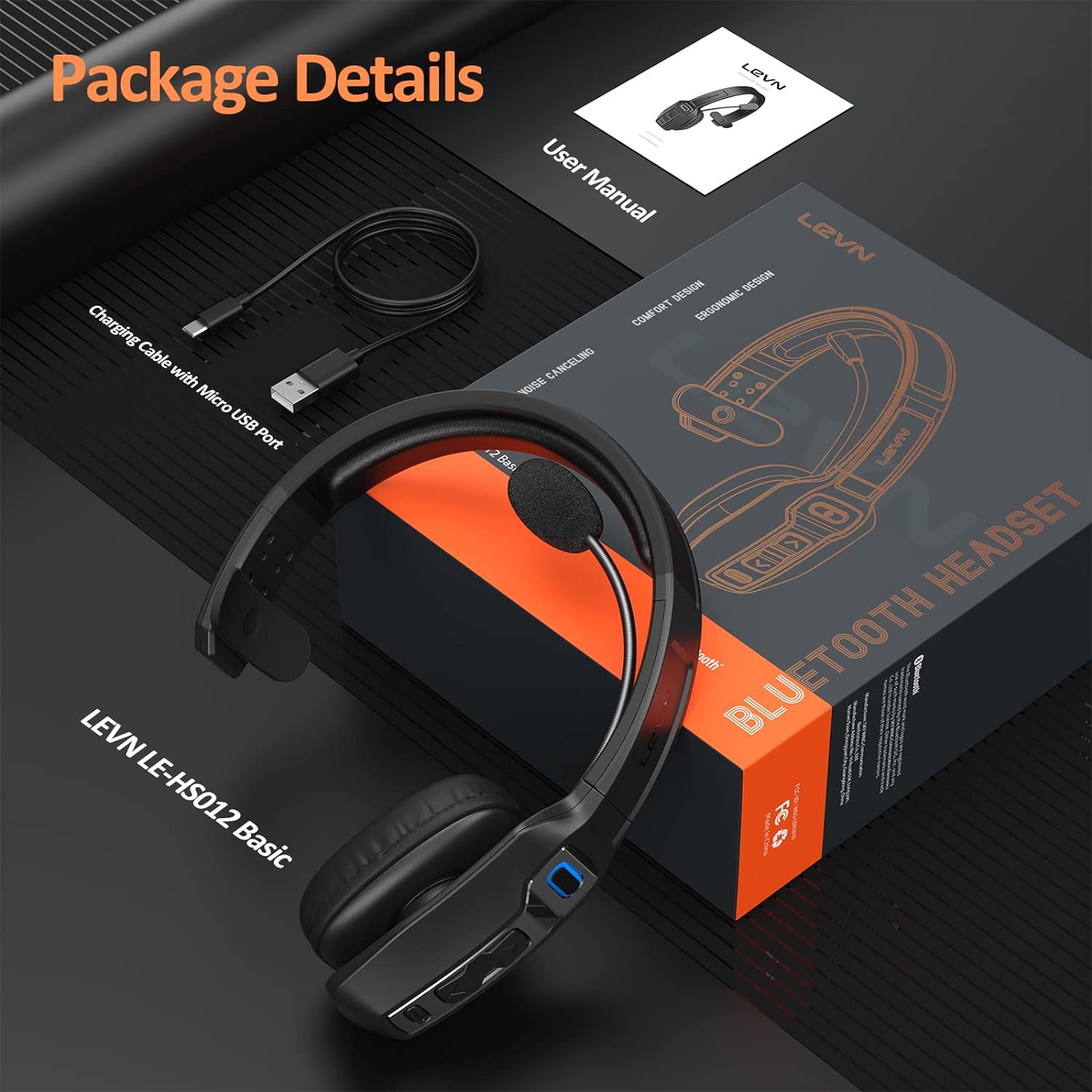 LEVN Bluetooth Headset with Microphone, Trucker Bluetooth Headset with AI Noise Cancelling & Mute Button