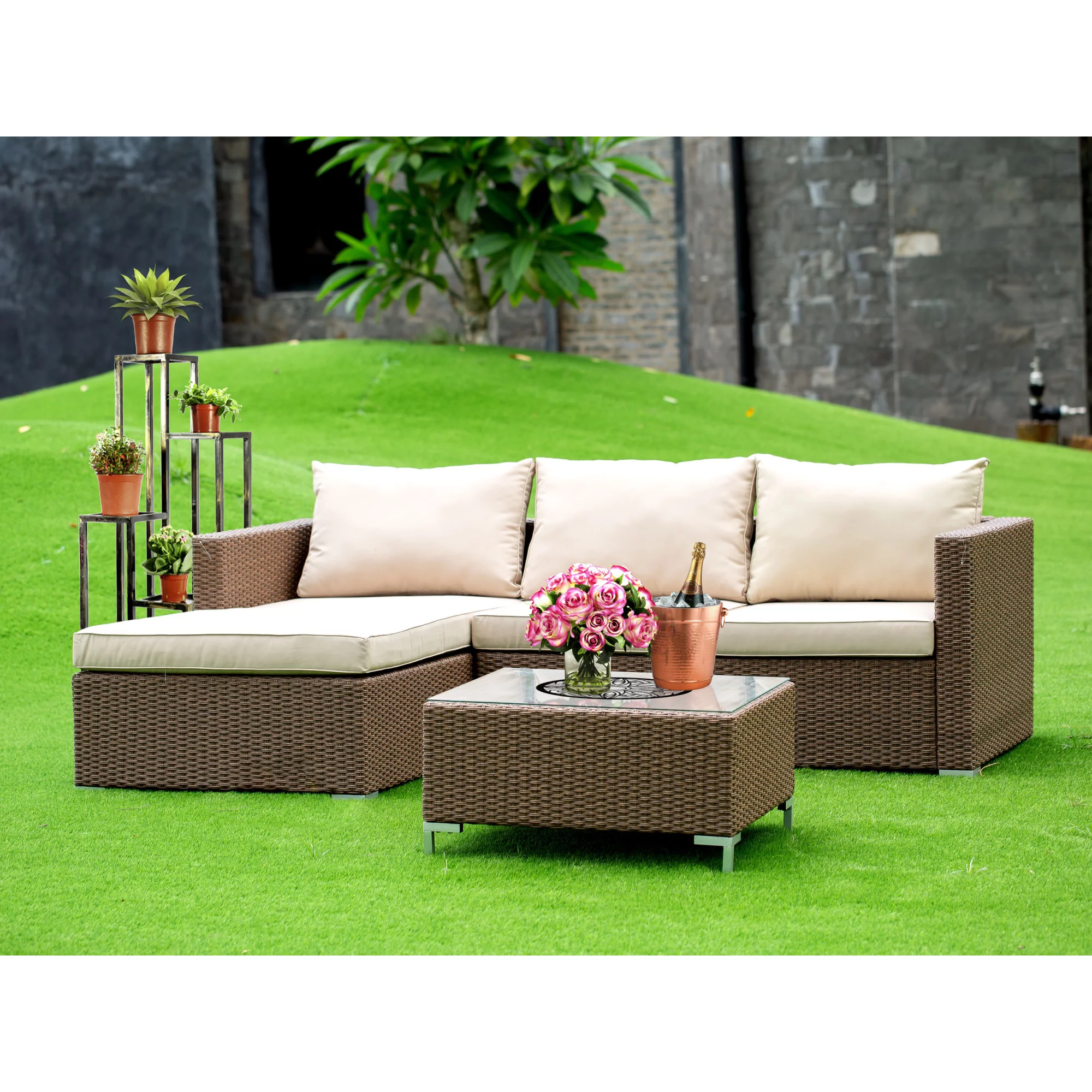 ACL3S02A 3Pc Brown Wicker Outdoor-Furniture Sectional Sofa Set Includes a Patio Table and Linen Fabric Cushion, Medium