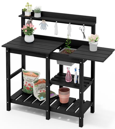 SERWALL Potting Bench Outdoor Potting Table with Sink, HDPE Potting Benches for Outside Gardening Table All Weather Use- Black