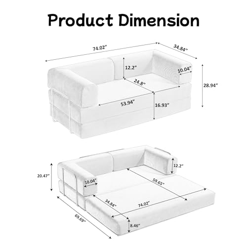 Convertible Floor Sofa Bed, Foldable Mattress Cloud Couch with Pillow Back & Armrest, Chenille Sleeper Sofa Bed with Fixed-Shape Frame